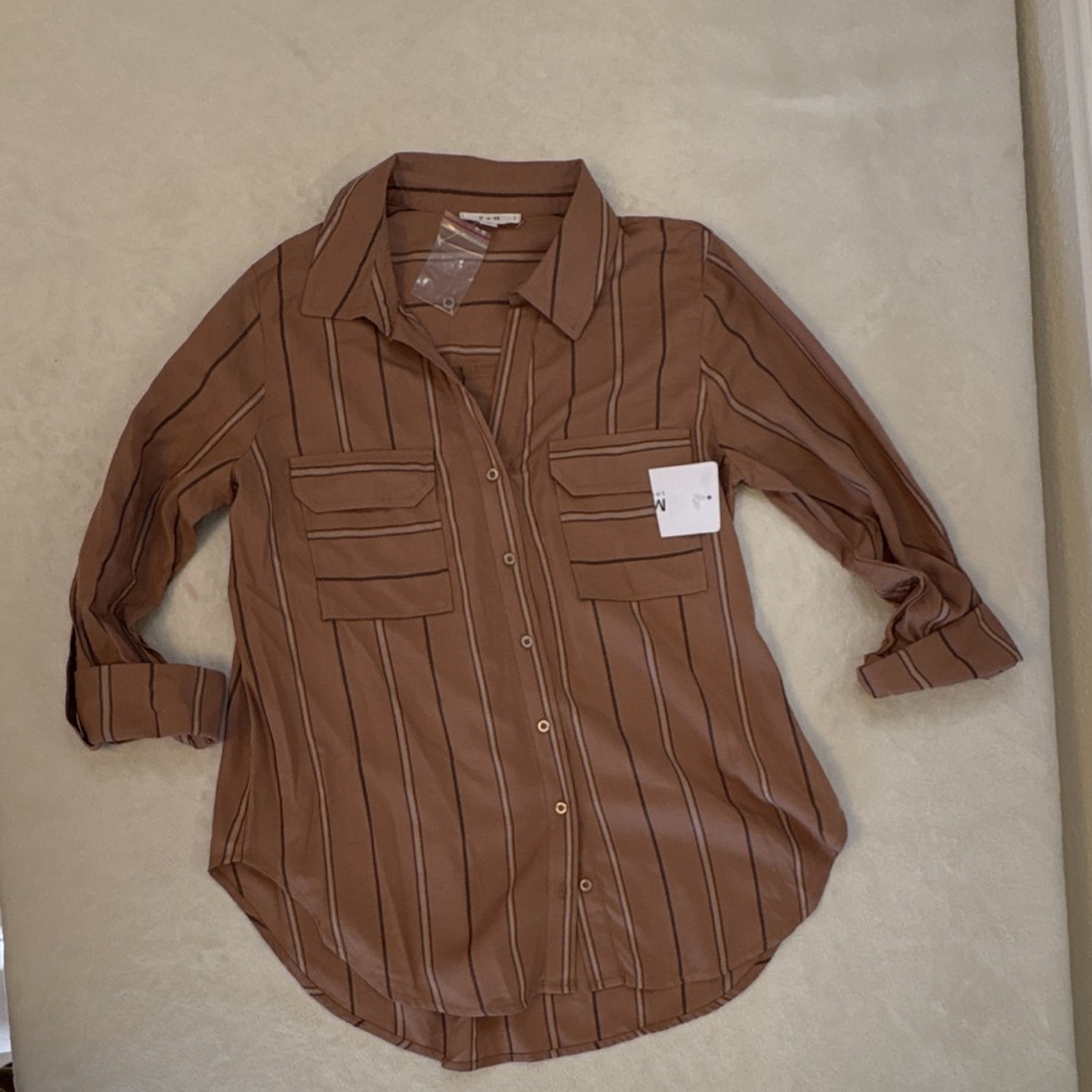 E & M Brown Striped Collared Long Sleeve‎ Button-Up Shirt Women's Size S